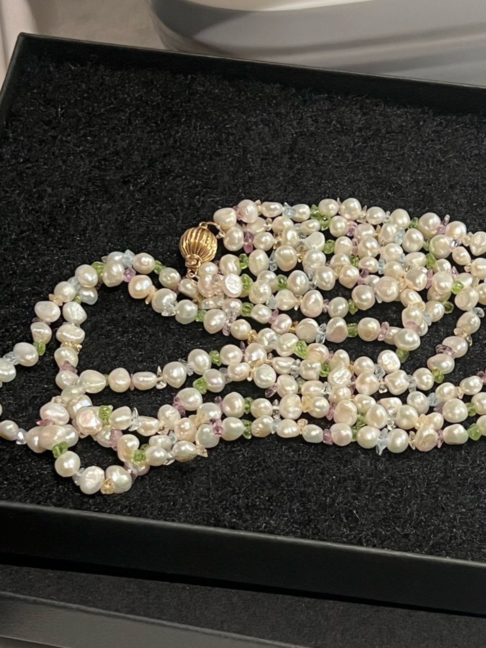 14k Triple strand Pearl and gem necklace 14k ball clasp
